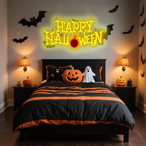 Vista 7 de Letrero de neón de feliz Halloween, letrero de bienvenida de LED para puerta delantera/recámara/hogar/patio, alimentado por USB, 16.5×8.6 pulgadas