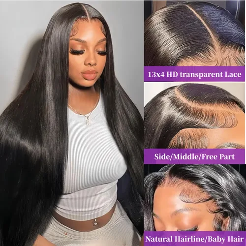 Vista 2 de NKTU Pelucas de cabello humano con encaje frontal, sin pegamento, para Color natural recto