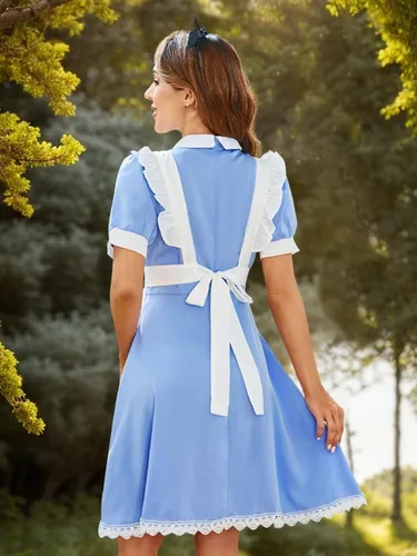 Vista 6 de Disfraz de Alicia de Halloween para mujer, vestido de princesa de manga abombada con cremallera