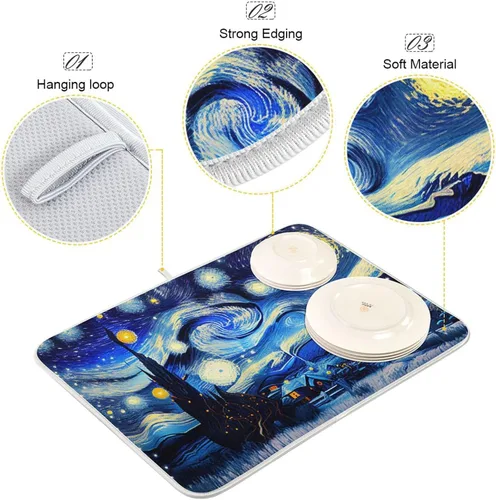 Vista 4 de Vnurnrn Tapete de secado nocturno de platos estilo Van Gogh para encimera de cocina, tapete escurridor de platos de microfibra, absorbente de secado