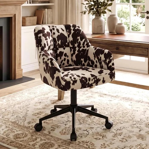 Vista 10 de HNY Silla de escritorio moderna de piel sintética, altura ajustable, cómoda silla giratoria de maquillaje con ruedas para sala de estar, computadora