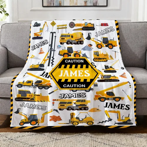Vista 16 de Manta de Bebé Personalizada con Camiones de Construcción Personalizados Camión Volquete Mantas con Nombre para Niños y Niñas Manta Suave de Arrullo