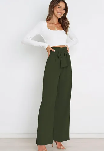 Vista 3 de ebossy Pantalones palazzo elásticos de cintura alta para mujer, pierna ancha, casual, elegante, para negocios, fiesta, pantalones largos con cinturón