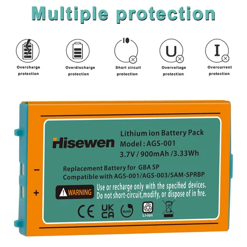 Vista 3 de Gameboy Advance SP Battery, Hisewen 900mAh Li-ion GBA SP Battery Replacement for Nintendo Gameboy Advance SP with Tool Kit