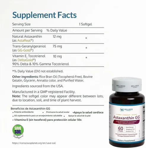 Vista 3 de Suplemento de astaxantina de 12 mg – AstaREAL™ Procedente de microalgas con geranilgeraniol GG-Gold® y Tocotrienoles DeltaGold®, sin OMG, sin