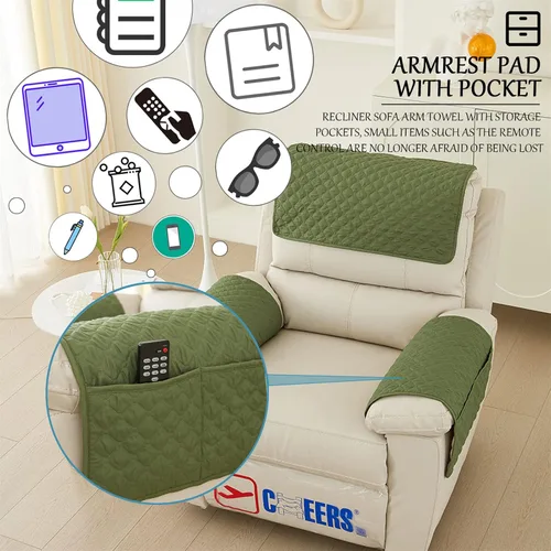 Vista 4 de Funda para reposabrazos de sofá, fundas para reposacabezas de sofá de 1/2/3 plazas con bolsillo, funda antideslizante acolchada a prueba de agua