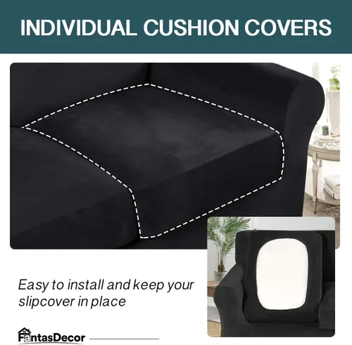 Vista 4 de FantasDecor Fundas de terciopelo para sofá de 2 piezas para sala, con cojín individual, protector elástico de muebles para mascotas, lavable a Negro