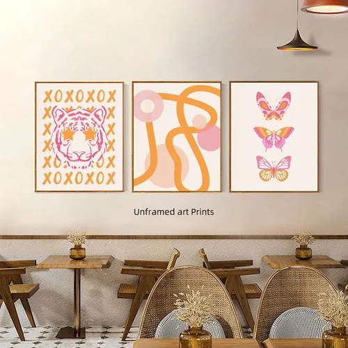 Vista 4 de Double Devil's Arte de pared rosa y naranja para decoración de habitación, pósteres estéticos de los años 70, decoración moderna de dormitorio