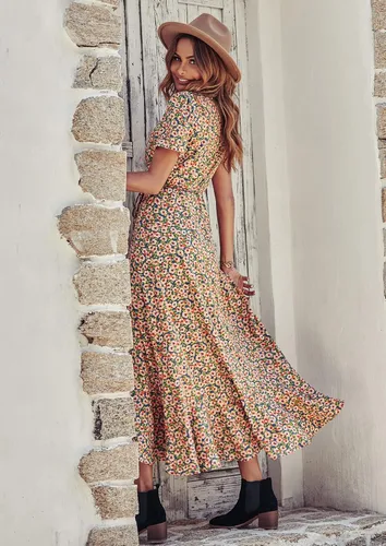 Vista 2 de PRETTYGARDEN - Vestido largo de verano cruzado para mujer, con cuello en V, estilo bohemio, floral, manga corta, dobladillo con volantes