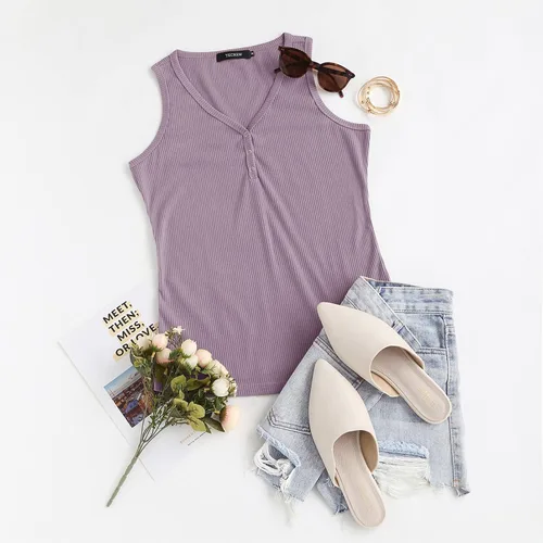 Vista 3 de TECREW Camisetas sin mangas con cuello en V para mujer, estilo casual, acanaladas, con botones, Henley