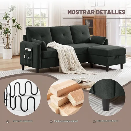 Vista 7 de Sofá modular convertible, pequeño en forma de L de 3 asientos con diván de almacenamiento reversible, sofá moderno de tela de poliéster para sala