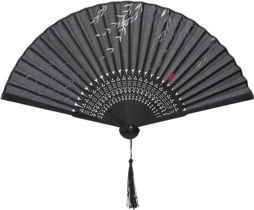 Vista 7 de QIRMIZI 5 ventiladores de mano – Elegantes ventiladores plegables de seda con marcos de bambú, ventilador plegable de flecos huecos, ventilador