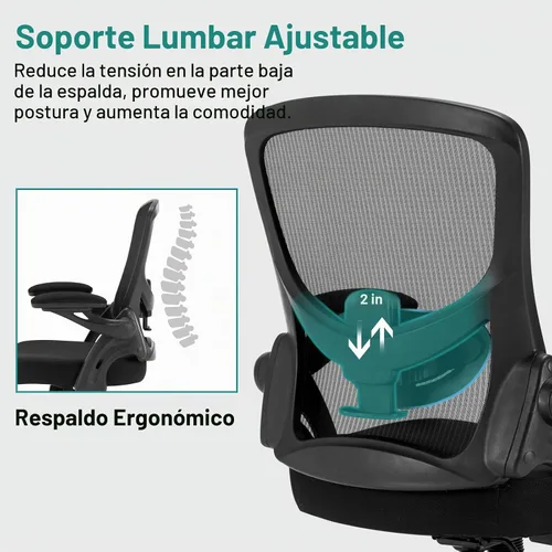 Vista 3 de Silla de oficina, silla de escritorio ergonómica con soporte lumbar ajustable, silla de computadora de malla transpirable con reposabrazos