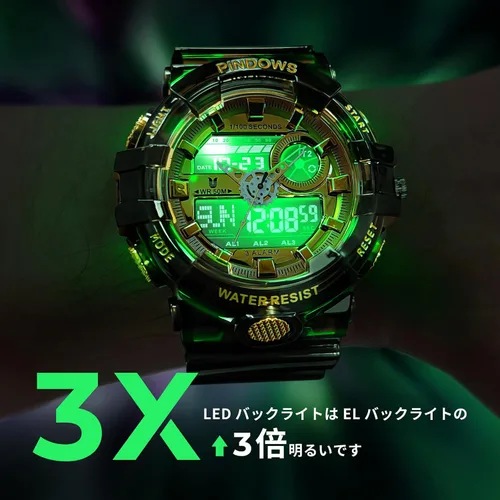 Vista 4 de PINDOWS Reloj para Hombre, Reloj Analógico Digital Resistente al Agua 50M, Reloj Electrónico para Deportes al Aire Libre, Fecha, Multifunción, LED
