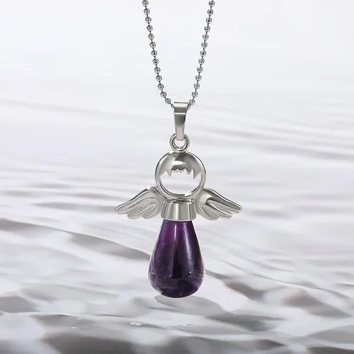 Vista 5 de Jeulia Collar de piedra de cristal curativo: alas de ángel, amatista de cuarzo transparente natural, aventurina verde, rosa, colgante espiritual