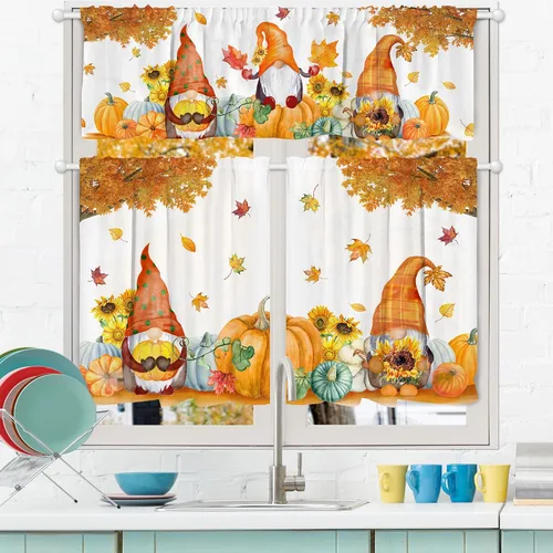 Vista 2 de pinata Juego de 3 cortinas de otoño para cocina, cenefa de cortinas de ventana de Acción de Gracias, cortina escalonada con bolsillo para barra
