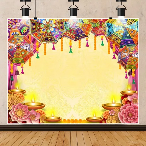Vista 8 de Telón de fondo indio Diwali Pooja para fotografía, 10 x 8 pies, vinilo indio, tradicional, Puja Ganpati Mehndi Diwali, Festival de fotos, decoración