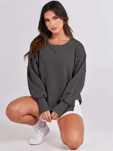 Vista 4 de ANRABESS Sudaderas de gran tamaño para mujer, con cuello redondo, manga larga, casuales y holgadas, con aberturas, ropa de otoño 2025