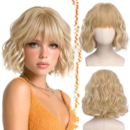 Vista 25 de BARSDAR Peluca corta ondulada con reflejos castaño, peluca corta ondulada con flequillo para mujer, gruesa, suave, sintética, texturizada, rizada