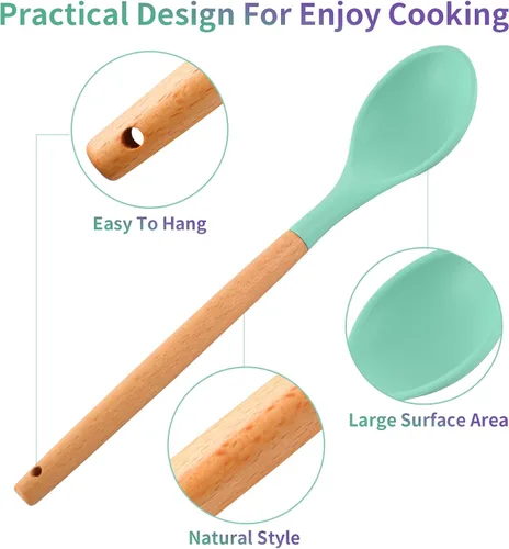 Vista 3 de 3 cucharas grandes de silicona para mezclar con mango de madera, antiadherentes, resistentes al calor, herramientas de mezcla de cocina