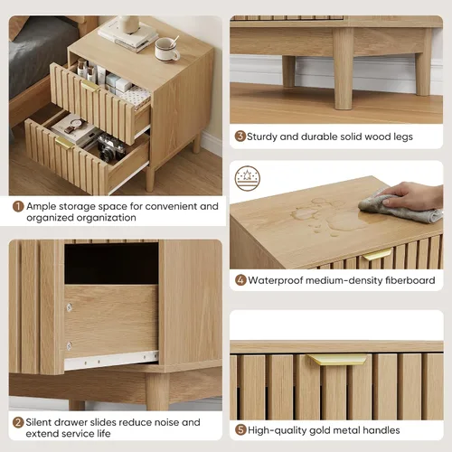 Vista 6 de Juego de 2 mesitas de noche de madera, moderna mesita de noche con diseño de rejilla, mesa auxiliar con 2 cajones de almacenamiento para sala