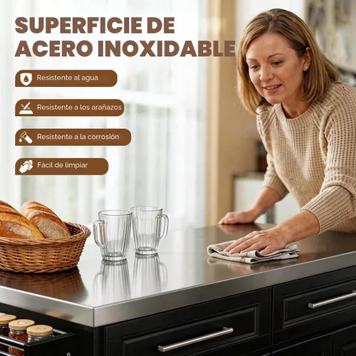 Vista 3 de HomCom Isla para cocina. Gabinete moderno con ruedas, con parte superior de acero inoxidable., Negro Mesa de isla portátil para cocina, ruedas