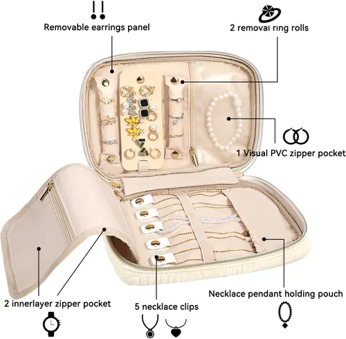 Vista 2 de Voova Estuche organizador de joyas de viaje, bolsa grande de almacenamiento de joyas para mujeres y niñas, bolsa portátil para collares, anillos
