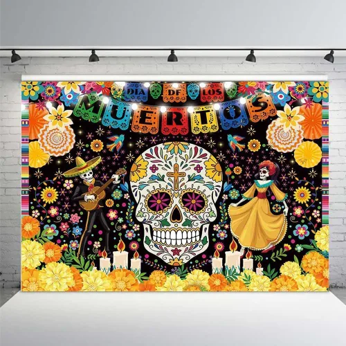 Vista 9 de MEHOFOND Telón de fondo del Día de los Muertos de 7 x 5 pies para fiesta mexicana, Día de los Muertos, decoración de fiesta de cumpleaños, pancarta