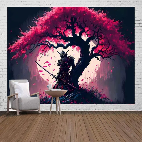 Vista 8 de Ine Ive GTDWIE0297 - Tapiz samurái japonés para estética de dormitorio, luna llena, árbol de cerezo, 40 x 30 pulgadas, arte japonés para dormitorio