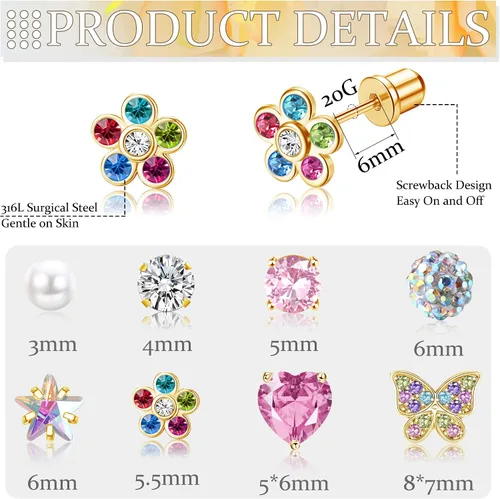 Vista 3 de FIBO STEEL Paquete de 8 pares de aretes hipoalergénicos para mujeres y adolescentes, acero inoxidable 316L con circonita cúbica, corazón, perla
