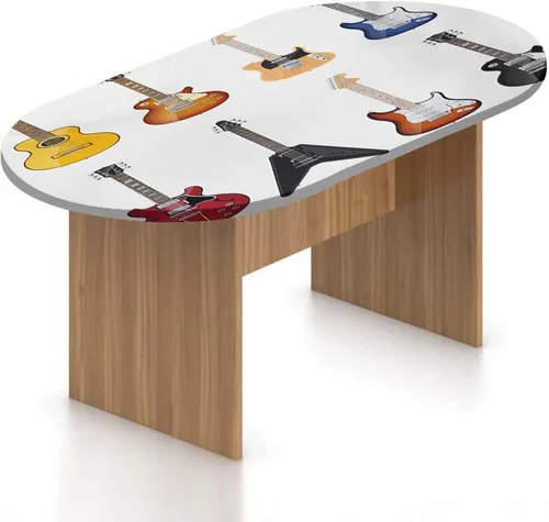 Vista 14 de Mantel ovalado ajustable de poliéster elástico para guitarra, instrumento dibujado a mano, tema de rock and roll, mantel ajustable con estampado