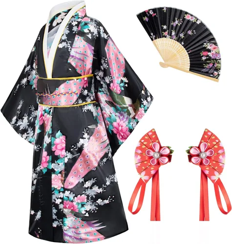 Vista 8 de Vestido tradicional japonés Kimono Bata para niñas, disfraz Tipo1-azul