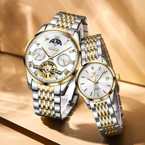Vista 4 de OLEVS Juego de pares de relojes mecánicos automáticos con cuerda automática reloj a juego para él y ella regalos del día de San Valentín