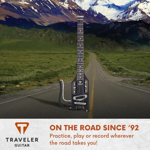 Vista 5 de Traveler Guitar Guitarra eléctrica ultraligera color negro mate zurdo portátil eléctrico con reposarazo extraíble, escala completa de 24 3/4