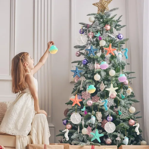Vista 7 de CCINEE 40 adornos de resina de estrellas de mar, adornos colgantes multicolor con temática de océano de Navidad, conchas de mar con cuerdas