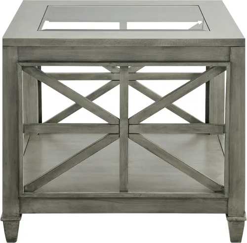 Vista 6 de Mesa auxiliar de madera maciza de 2 niveles con vidrio templado, mesa auxiliar cuadrada de madera para sofá, mesita de noche rústica con soporte