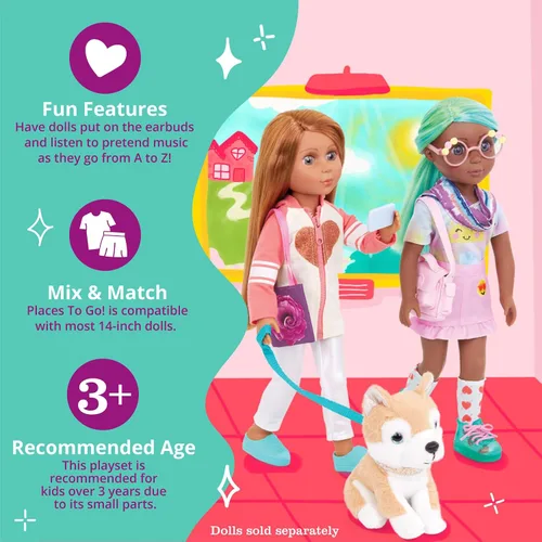 Vista 4 de Glitter Girls - Ropa de muñeca de 14 pulgadas - Juego de monedero y accesorios para llevar - Sombrero floral, reproductor de música, taza de viaje