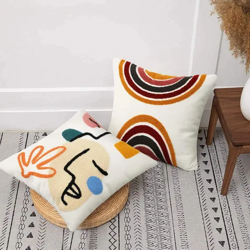 Vista 5 de Merrycolor Fundas de almohada abstractas de estilo bohemio coloridas con líneas de cara de mujer, lindas fundas de almohada estéticas de mediados