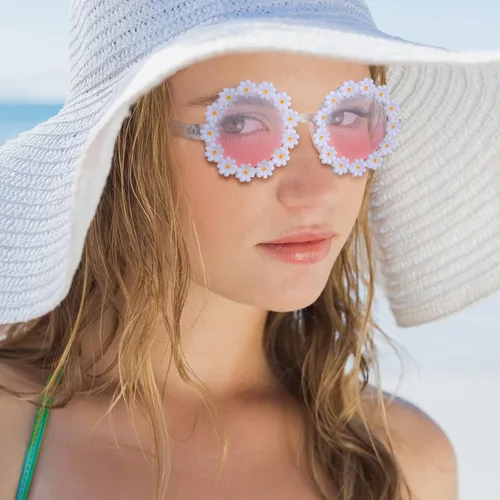 Vista 2 de 2 pares de lentes de sol de margarita para mujer, gafas redondas de flores para adultos y niños, decoración con gafas de tela bolsa de franela