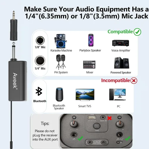 Vista 3 de Aveek Micrófono de karaoke inalámbrico, micrófono de mano recargable con receptor para altavoces y amplificadores alimentados, juego de micrófono