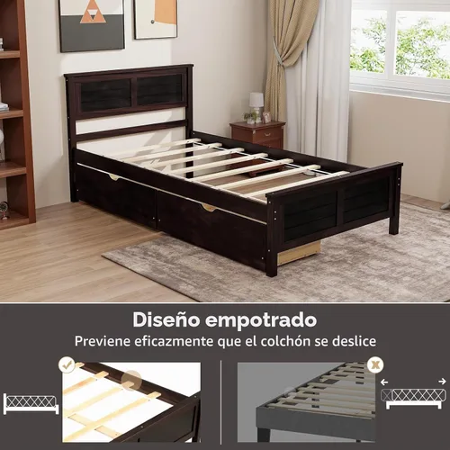 Vista 6 de Giantex Cama individual de madera con 2 cajones de almacenamiento, plataforma de madera maciza con cabecero, base de colchón de soporte de listones