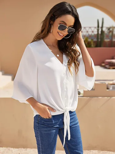 Vista 3 de Kancystore - Blusa de gasa con botones, para mujer, con cuello en V, lazo frontal, manga de 34 y estilo informal