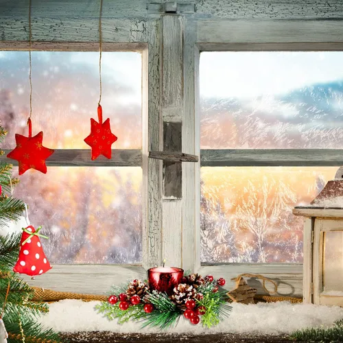 Vista 5 de Centros de mesa de Navidad, portavelas votivas de vidrio con piñas artificiales nevadas, bayas, anillos de vela de Navidad, decoración