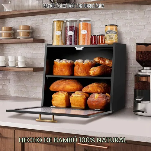 Vista 2 de Joyvilla Caja de Pan de Doble Capa de Bambú para Encimera de Cocina, Contenedor de Almacenamiento de Pan, Caja de Pan Negra con Ventana, de Gran