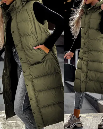 Vista 4 de Grlasen Chaleco largo acolchado con capucha para mujer, abrigos de invierno acolchados con cremallera cálida y acolchada