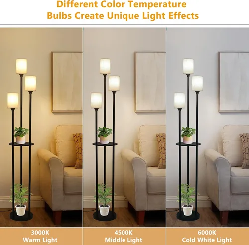 Vista 3 de Lámpara de pie con estantes, lámparas de pie modernas para sala de estar, lámpara de pie de 3 luces con pantalla de lino e interruptor de pie