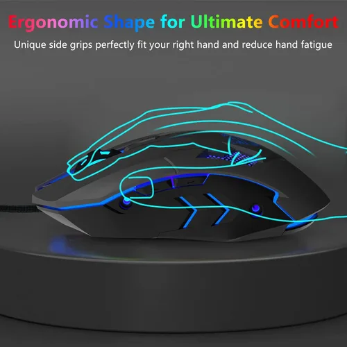 Vista 3 de FUWANG Ratón para juegos con cable, mouse USB para computadora con retroiluminación RGB, sensor óptico de 7200 DPI, mouse ergonómico para gamer