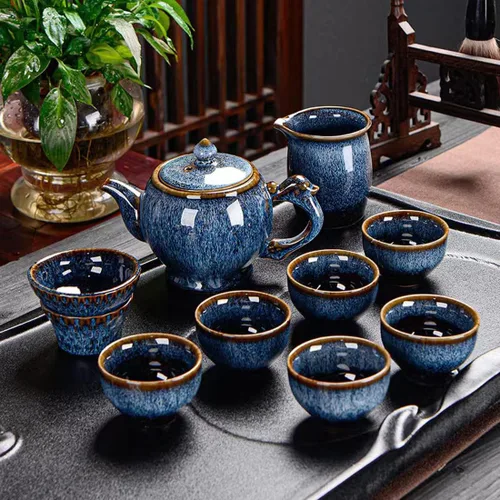 Vista 7 de Juego de té chino de cerámica Kung Fu, juego de té para adultos de 9 piezas, juego de té de la tarde, juego en caja de regalo perfecto para los Azul