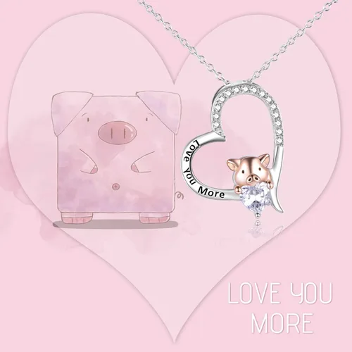 Vista 2 de YFN Collar de cerdo, regalo de joyería de plata de ley 925, lindo colgante de animal con corazón de circonita cúbica, collar para mujeres y niñas