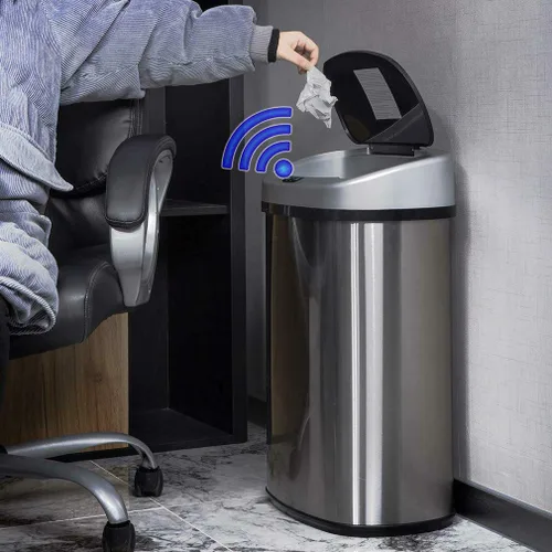 Vista 2 de Dkeli Cubo de basura automático de 13 galones con sensor de movimiento sin tacto, basurero de cocina de acero inoxidable con tapa, basurero de alta